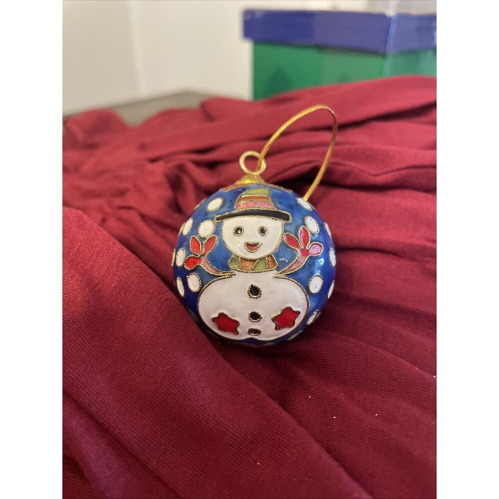 Vintage Cloisonne Round Christmas Ornament Gold Enamel Blue & White Snowman